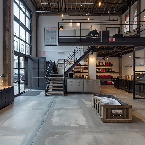 A large open space with a staircase leading up to a second floor. The space is empty and features a large box on the floor