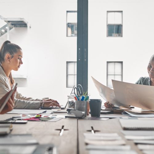 Business, women and boardroom in meeting as fashion designer for creative project and clothes collection. People, employees and textiles at office for creativity, sketching and research for trends.